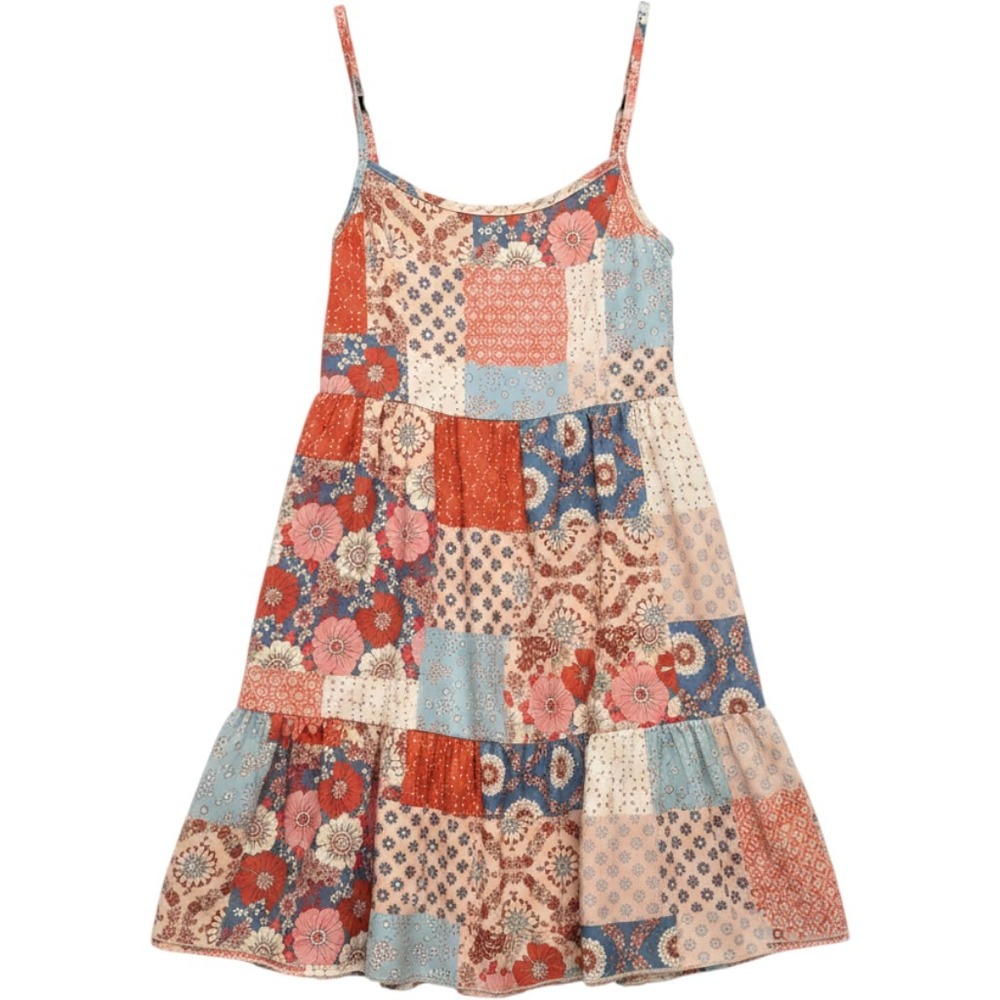 Altrd State, Patchwork Floral Mini Dress Blue Orange Boho Tiered Tie Back Small